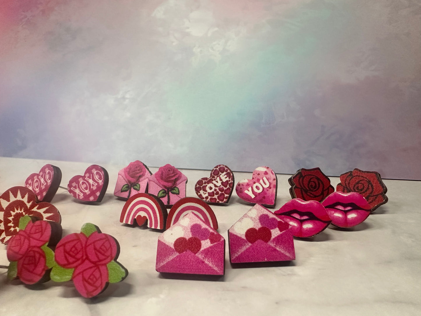 Valentine’s Day Mystery Earrings Set – 7 Pairs of Wooden Stud Earrings