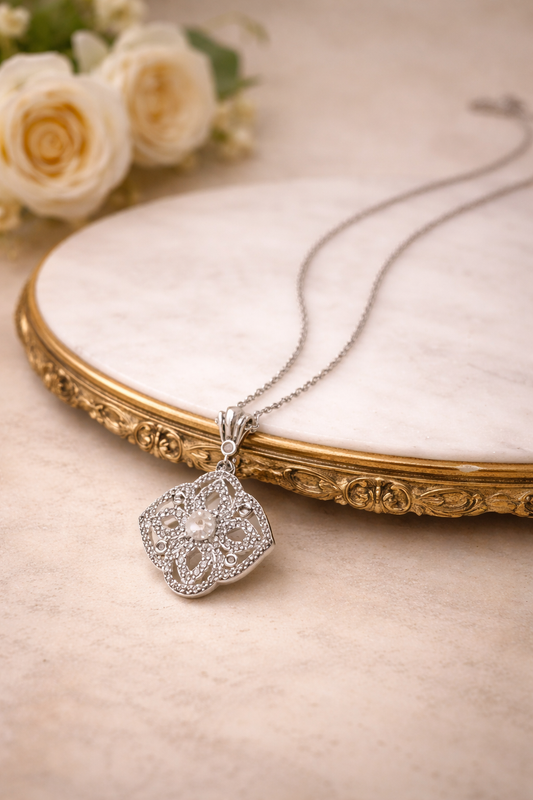 Marie Louise Necklace – Light Yellow Citrine & White Topaz, Sterling Silver Chain, French Filigree Pendant, Versailles Collection, 24”