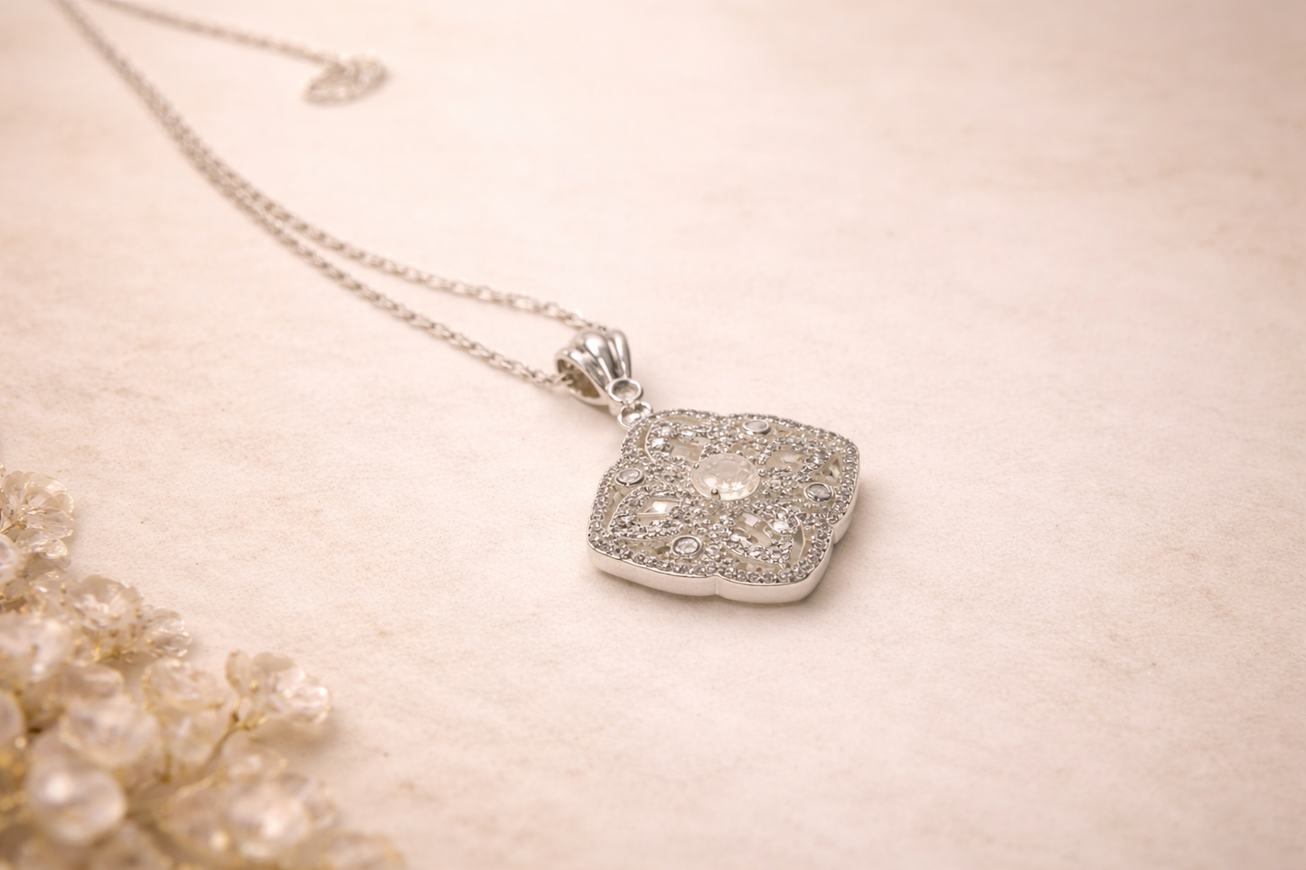 Marie Louise Necklace – Light Yellow Citrine & White Topaz, Sterling Silver Chain, French Filigree Pendant, Versailles Collection, 24”